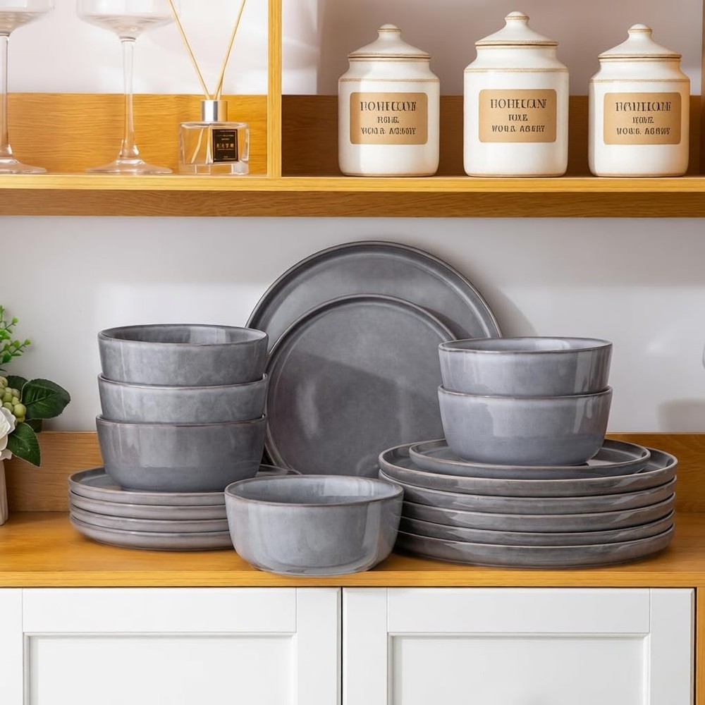 Stoneware Dinnerware Sets,Round Reactive Ceramic Plates and Bowls Sets,Highly...