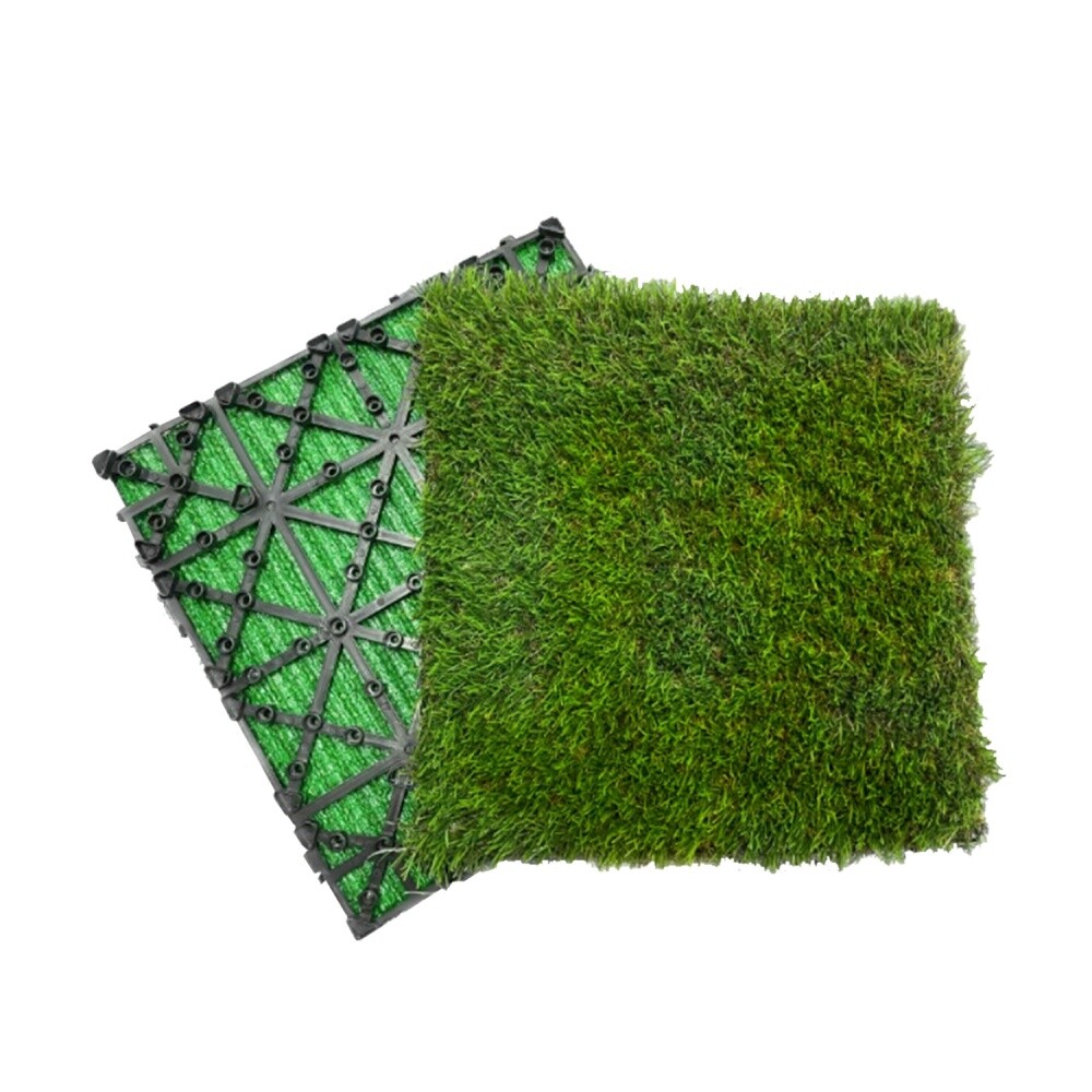 A set of 35 self-draining artificial turf tiles with interlocking features