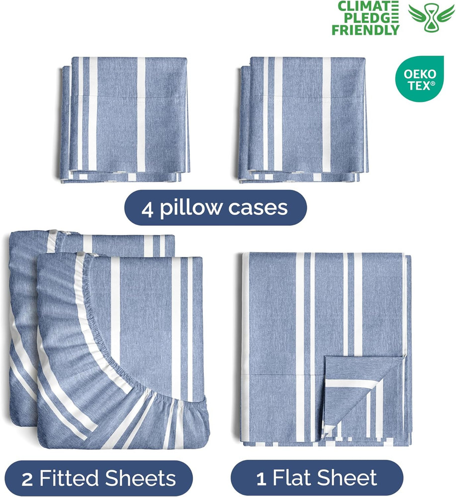 Cooling Extra Deep Split King Sheet Set - 7 Piece Luxury Bedding - Blue Stripes
