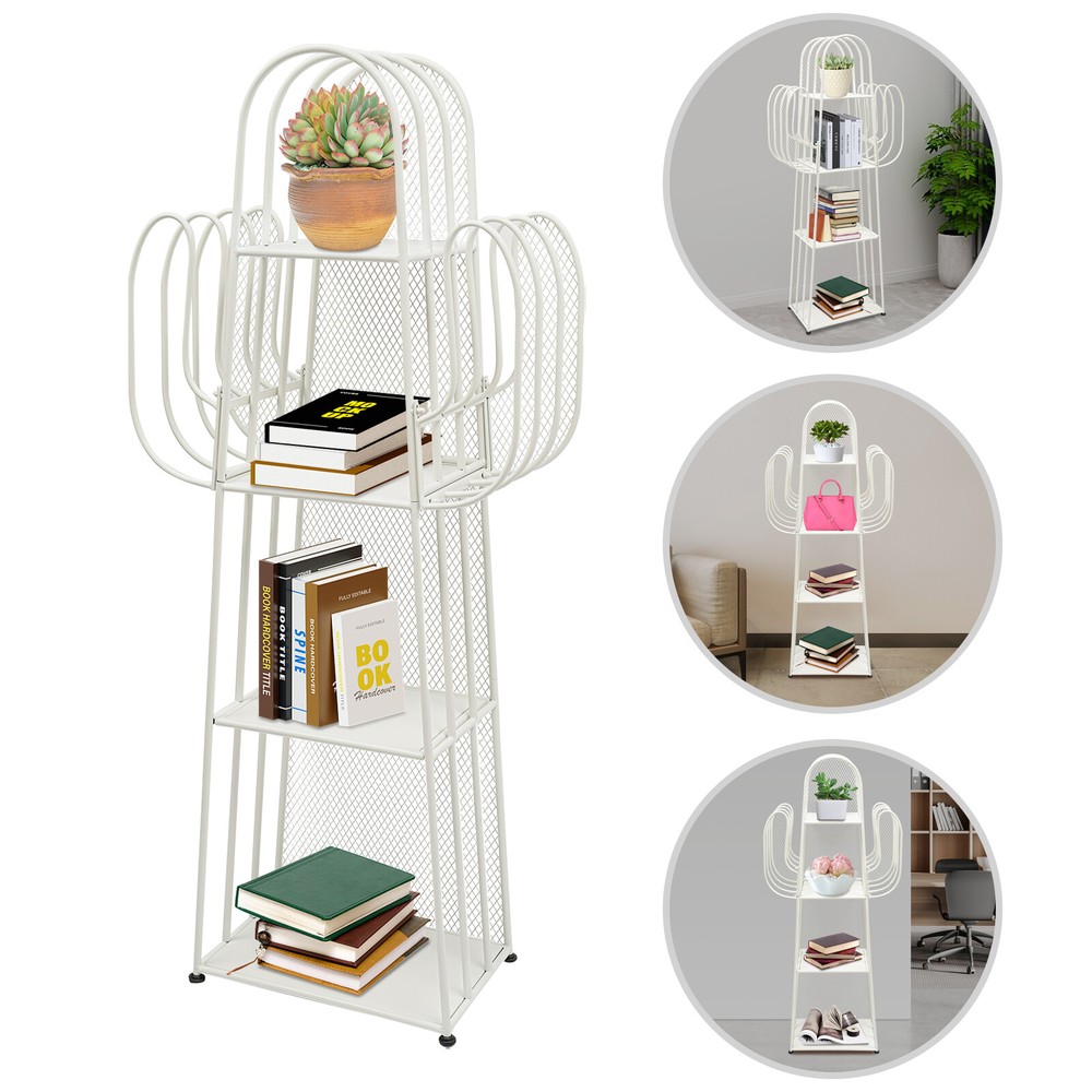 4-Tier Iron Book Shelf Cactus Bookcase W/ Mesh Baffle+6 Compartments For Study
