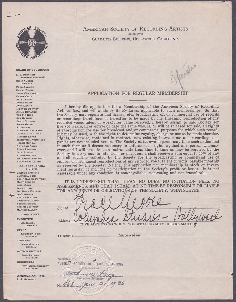 GRACE MOORE - DOCUMENT SIGNED 01/21/1925