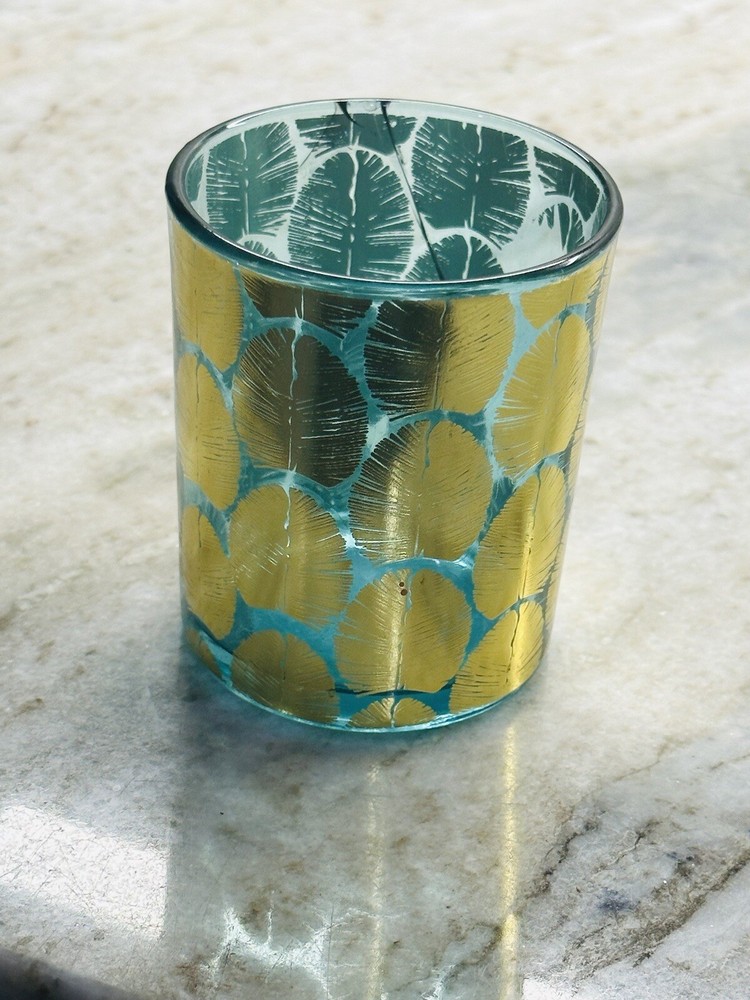 Candle Holder - Tea Light Blue & Golden Leaf Pattern 3.76 Inches Tall