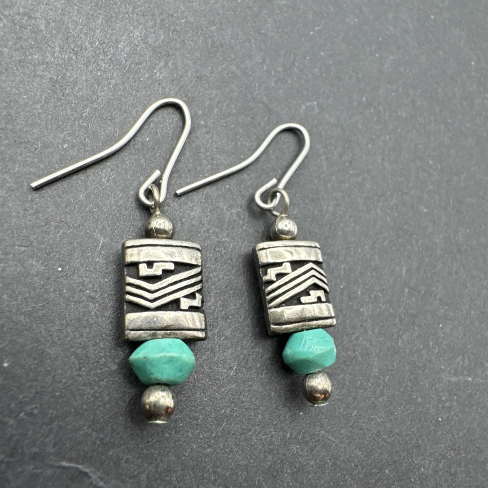 Native Inspired Dangle Drop 1.25” Earrings Silver Tone Turquoise