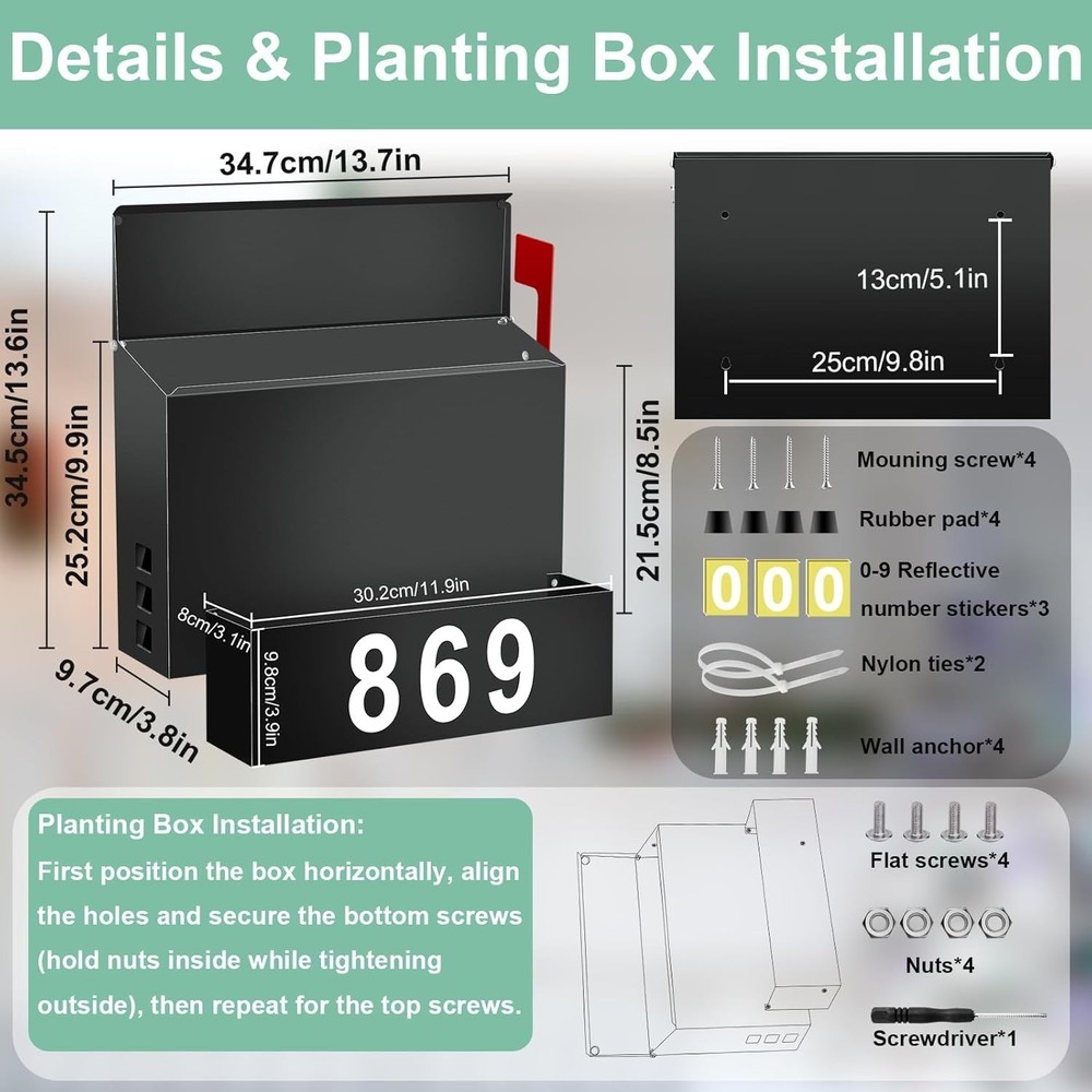 Wall-Mount Mailbox with Flag, Large Capacity Mailboxes for Large, Black