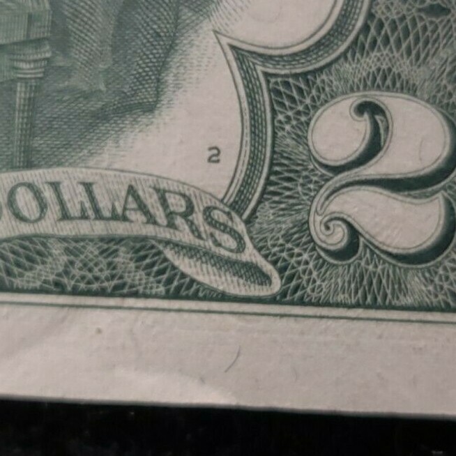1976 $2 note alignment Shift over-inking error AU [almost uncirculated] folds