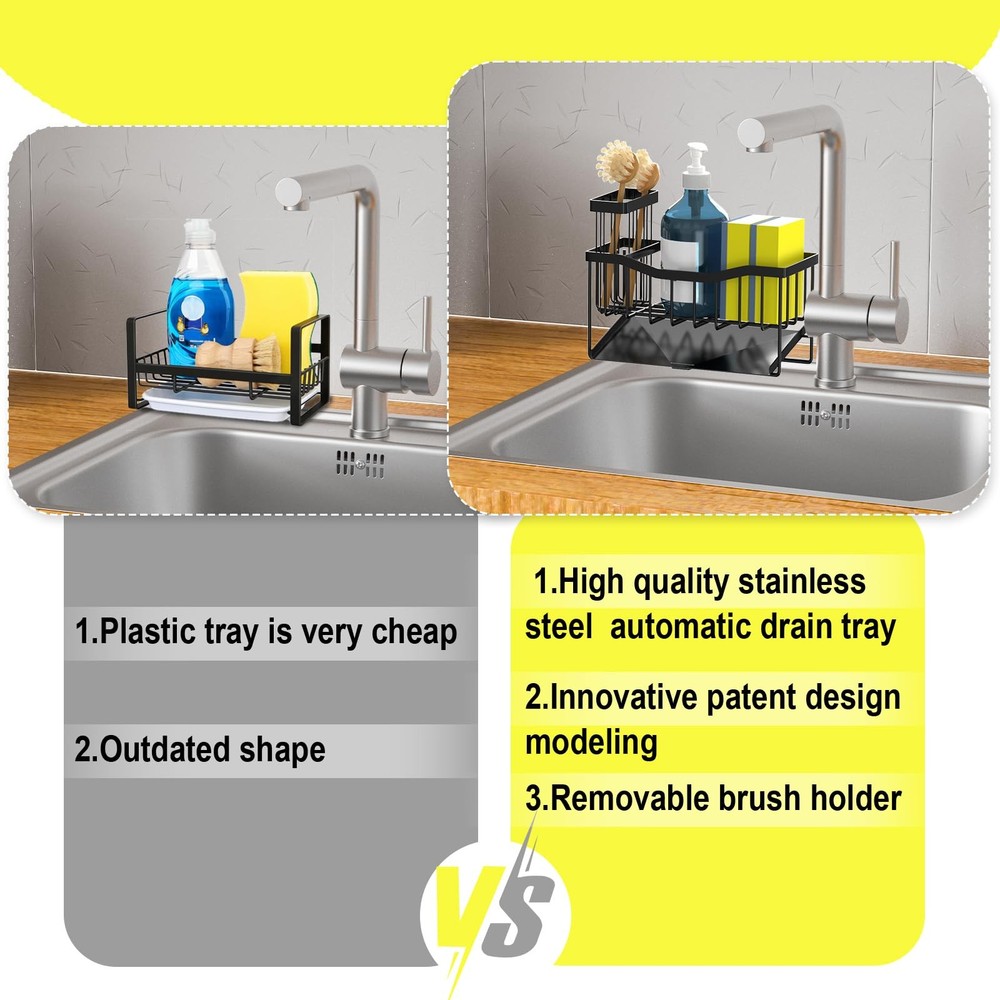 Fssvcd Maifan Sink Caddy Sponge Holder for Kitchen with Brush Black