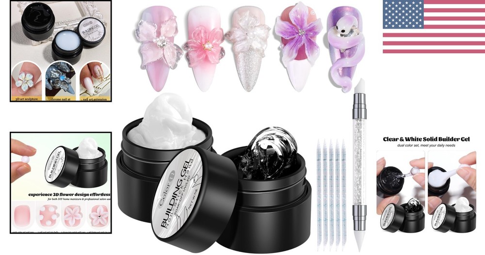 Versatile Solid Nail Gel Set with Silicone Pen - 2PCS for 3D Art & Extension