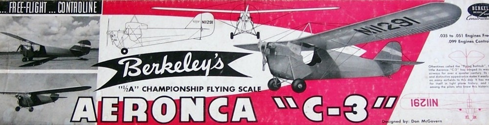 AERONCA C-3 PLAN + PARTS PATTERNS for 36" Berkeley FF or RC Model Airplane