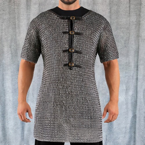 9MM Chainmail Shirt Front Open Half Sleeve Riveted Flat Ring Medieval Armor