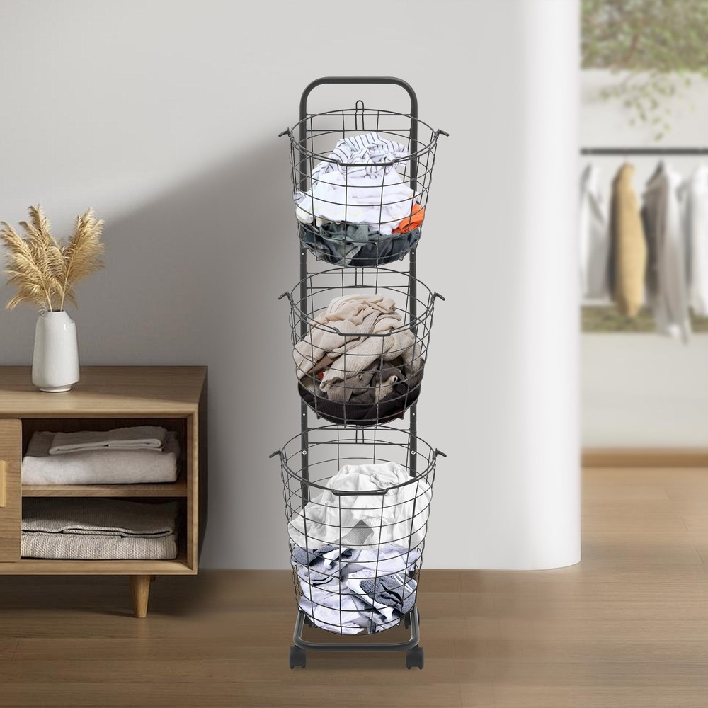 3 Tier Rolling Laundry Hamper with 3 Removable Wire Basket & 4 Universal Wheels