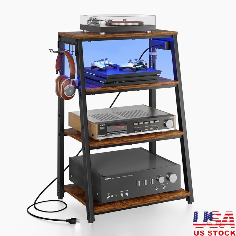 Audio Rack Stand USB Ports Adjustable Shelves LED Light Storage Solution