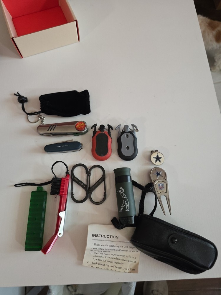 Assorted Golf Tools...Range Finder, Divot Tools, Stroke Counter, 2 Multi Tools