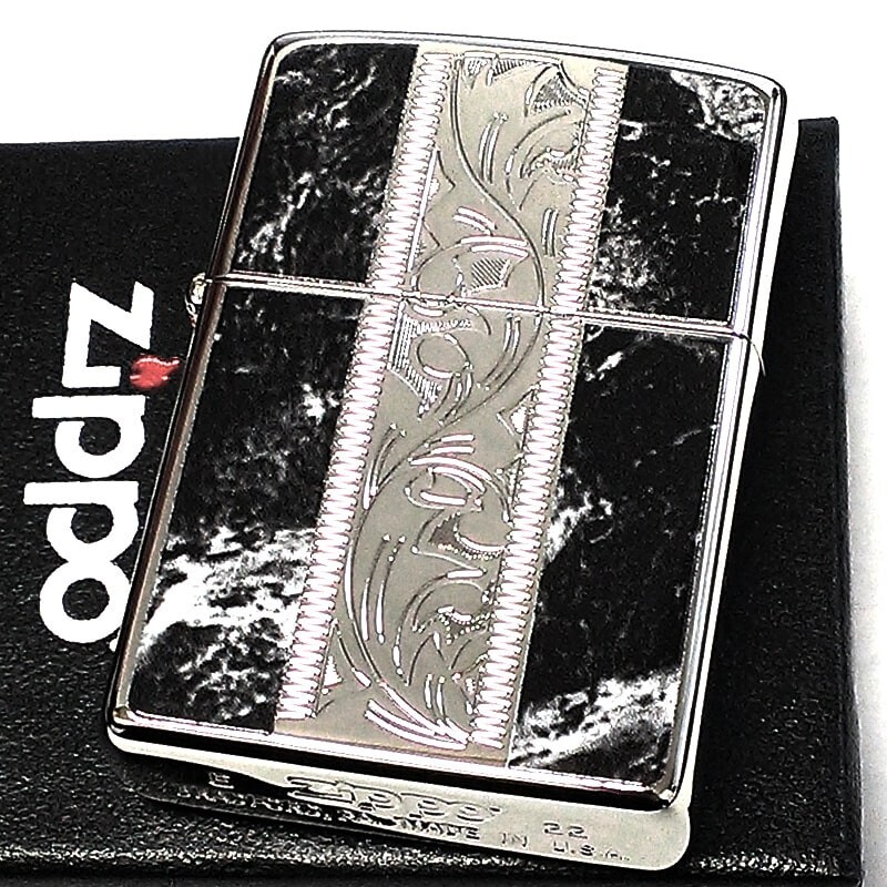 Zippo Lighter Marble Engrave Arabesque Silver Black Etching Regular Case Japan