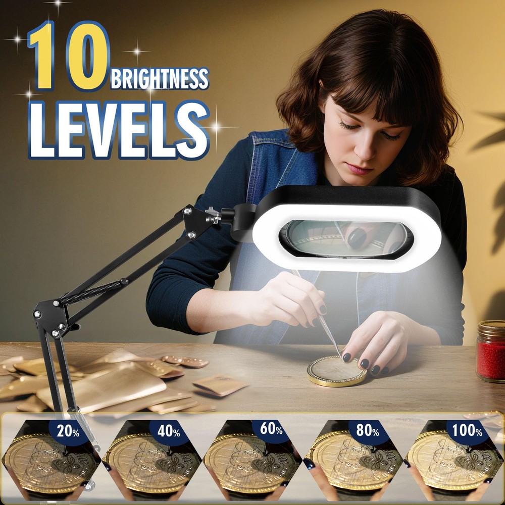 12X Square Magnifying Glass with Large Light, Black