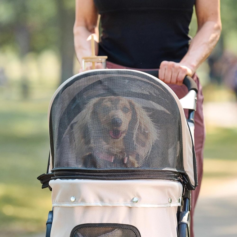 Lightweight Khaki Pet Stroller with Adjustable Canopy, Cup Holder & Brake System
