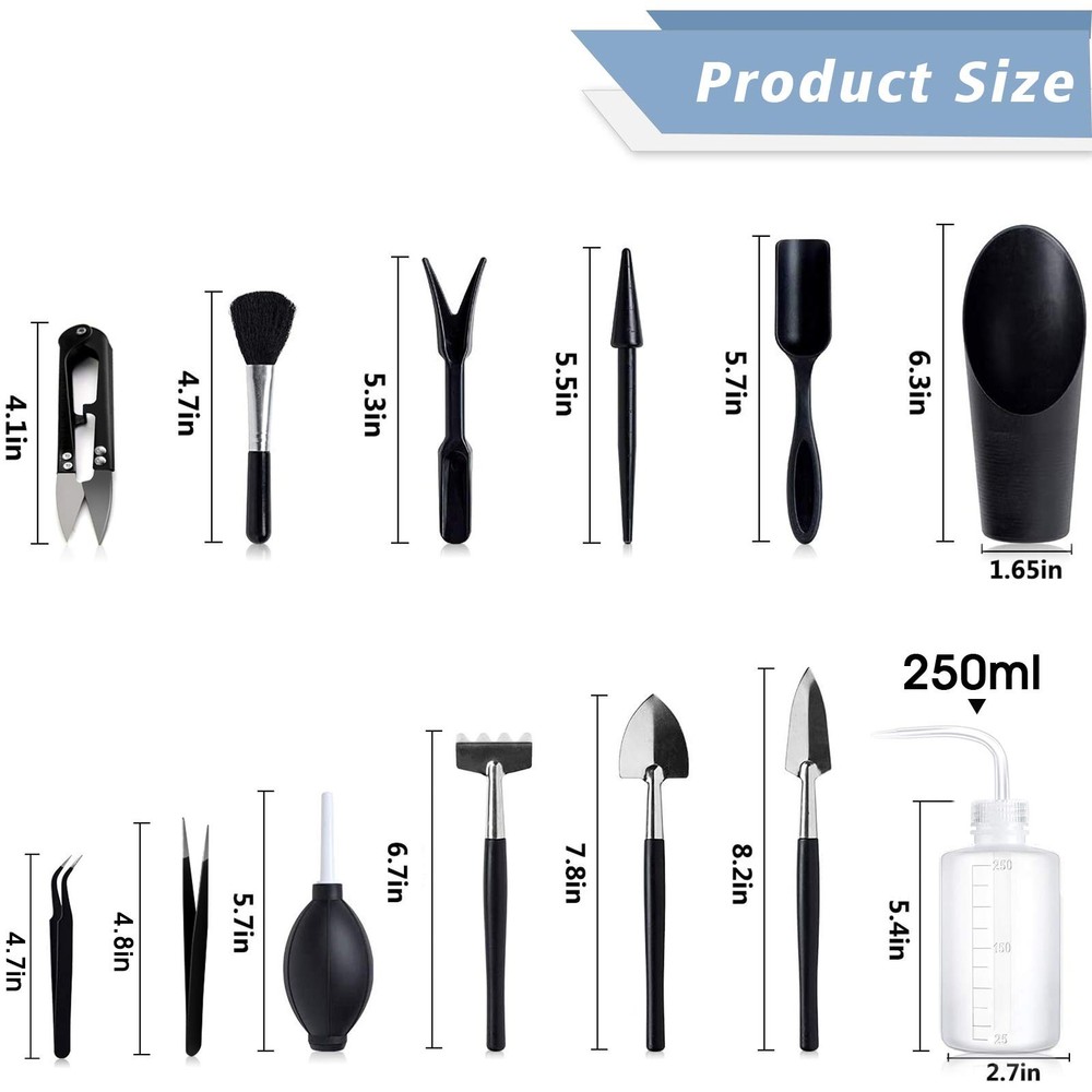 Succulent Tools, 13 Pcs Mini Garden Tool Set, Transplanting Tools Black