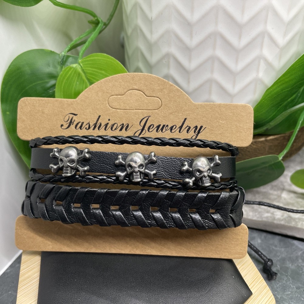 2 PC Leather Bracelet Set Stackable Adjustable Tie New Free Ship B7502