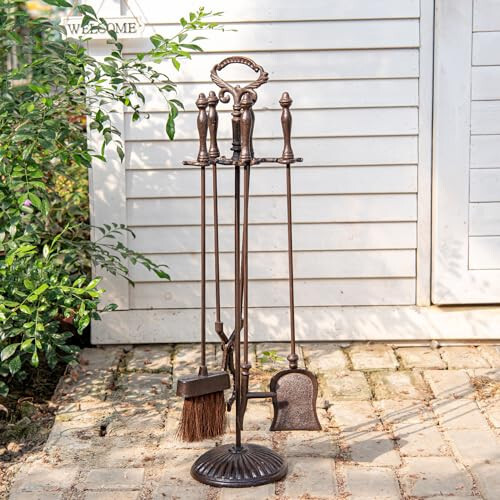 Sungmor 5PCS Cast Iron Fireplace Tools Set Rustic Fire Pit Accessories Holder