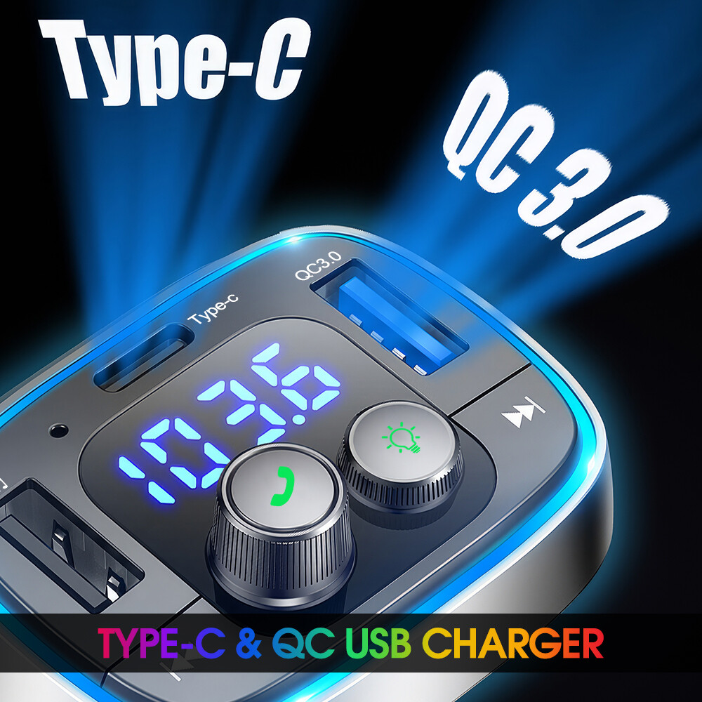 Bluetooth 5.1 FM Transmitter Car Adapter 7 Colors LED Backlit Hands-Free Calling