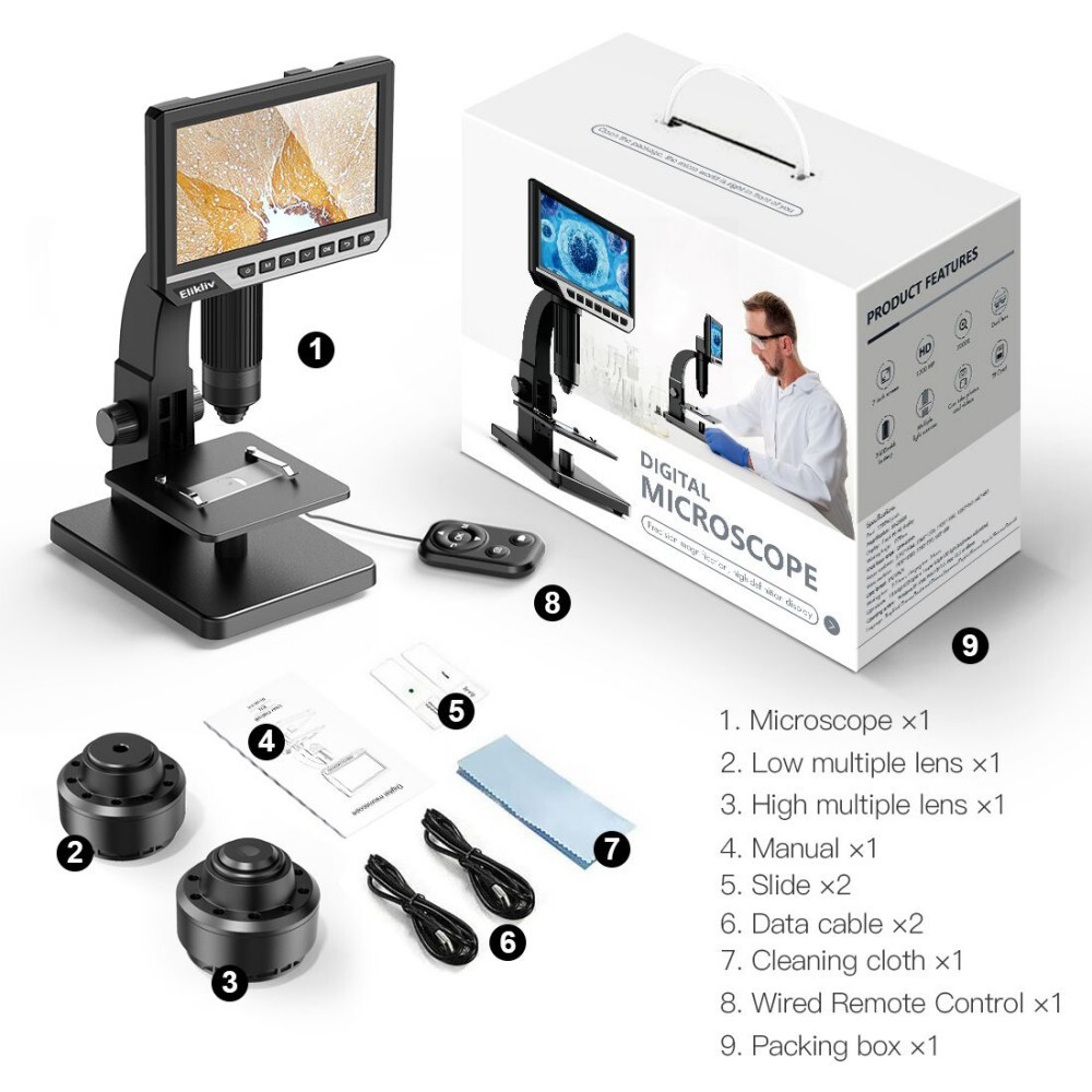 Elikliv 7'' LCD Digital Microscop 2000X Biological Microscope & Remote Control