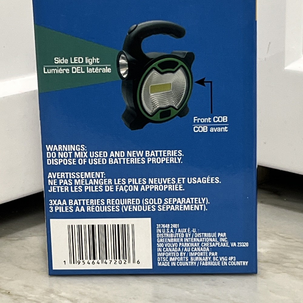 COB LED Portable Work/Flash Light W/Front & Side LEDs - New