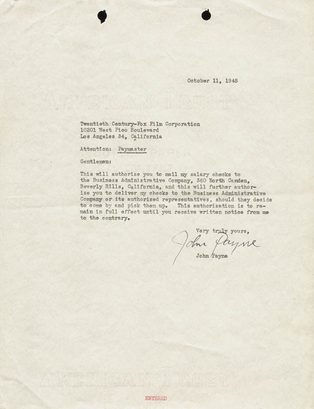 JOHN PAYNE - DOCUMENT SIGNED 10/11/1945