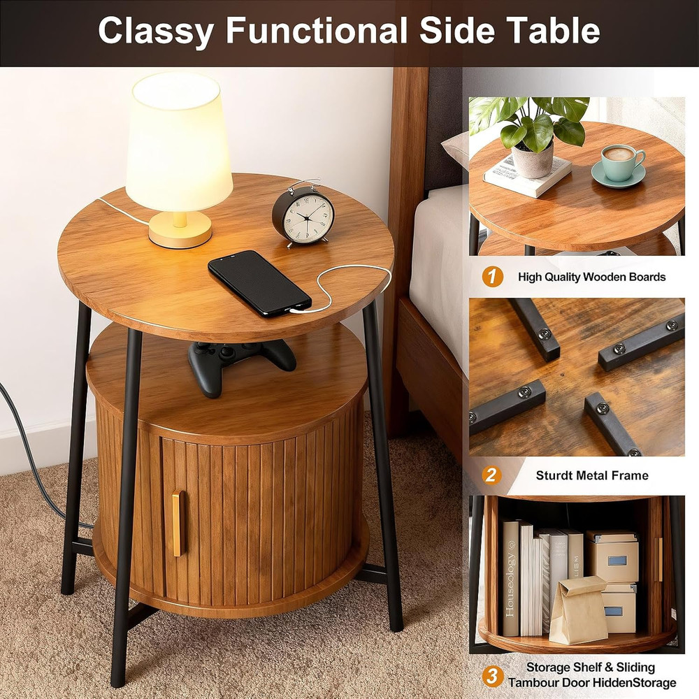 Mid-Century Modern Side Table with Storage & Charging Station, Yellow Walnut