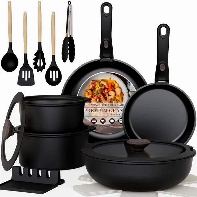 20Pc Nonstick Cookware Set Detachable Handle Induction Oven Safe Black