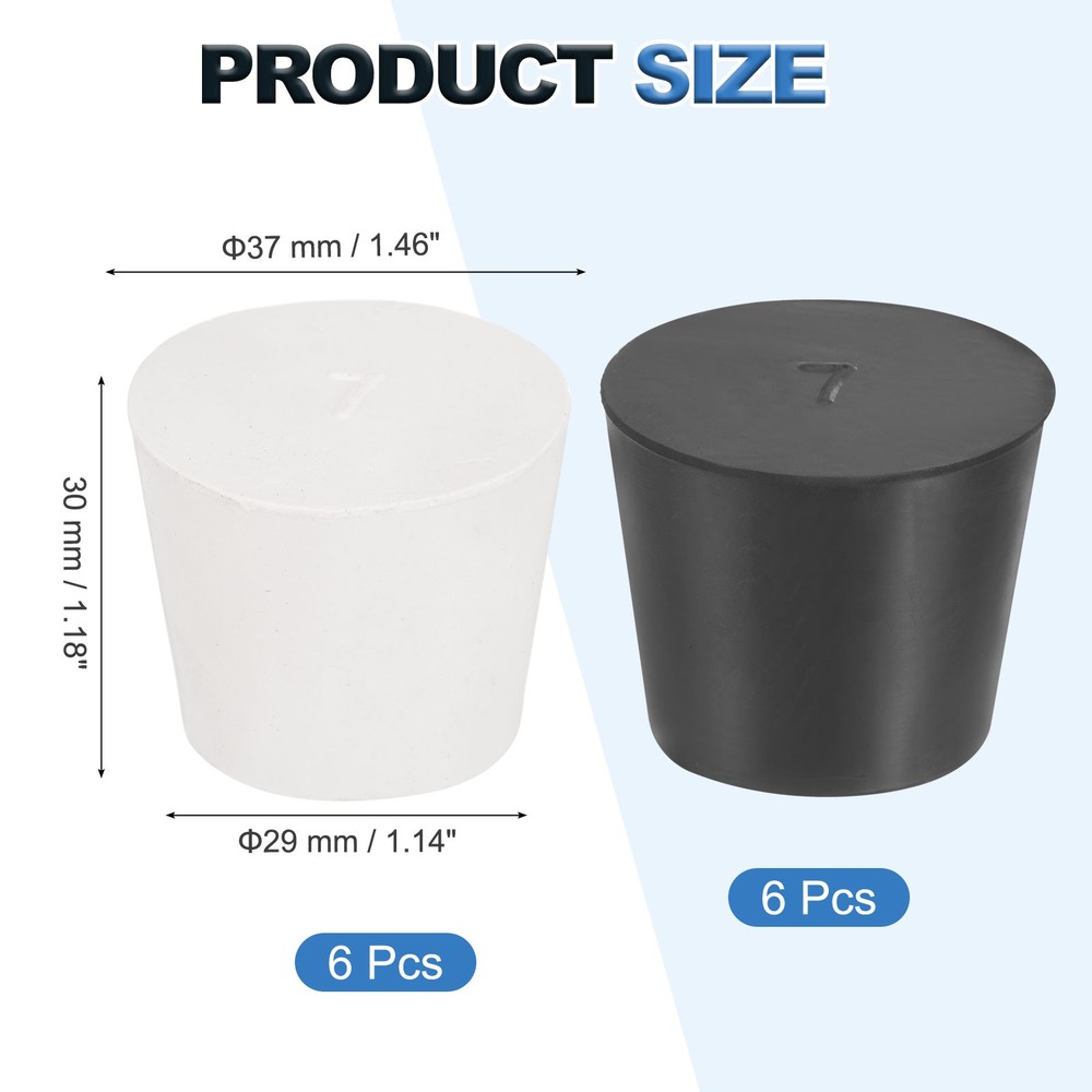 12 Pcs Solid Rubber Stopper Size 7#-37mm x 29mm - 30mm Long, Black/White