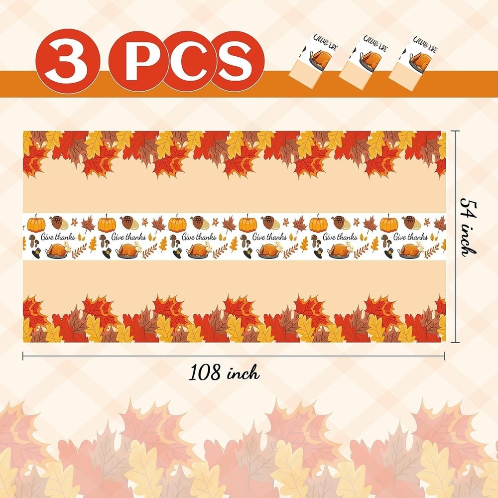 Thanksgiving Tablecloth, 3 Pack Disposable Plastic Tablecloth 54" x 108"