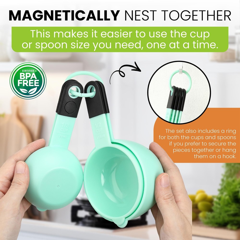 Spring Chef Mint Magnetic Measuring Cups and Spoons Set of 9, Stackable Plast...