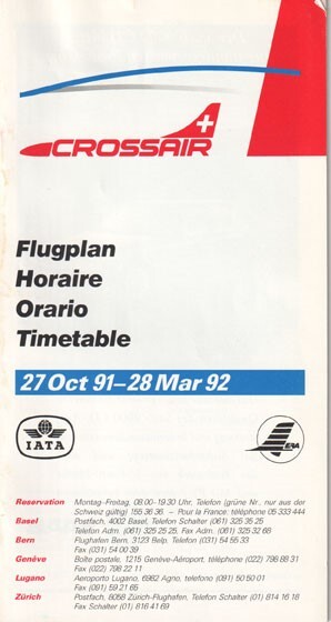 Crossair timetable 1991/10/27