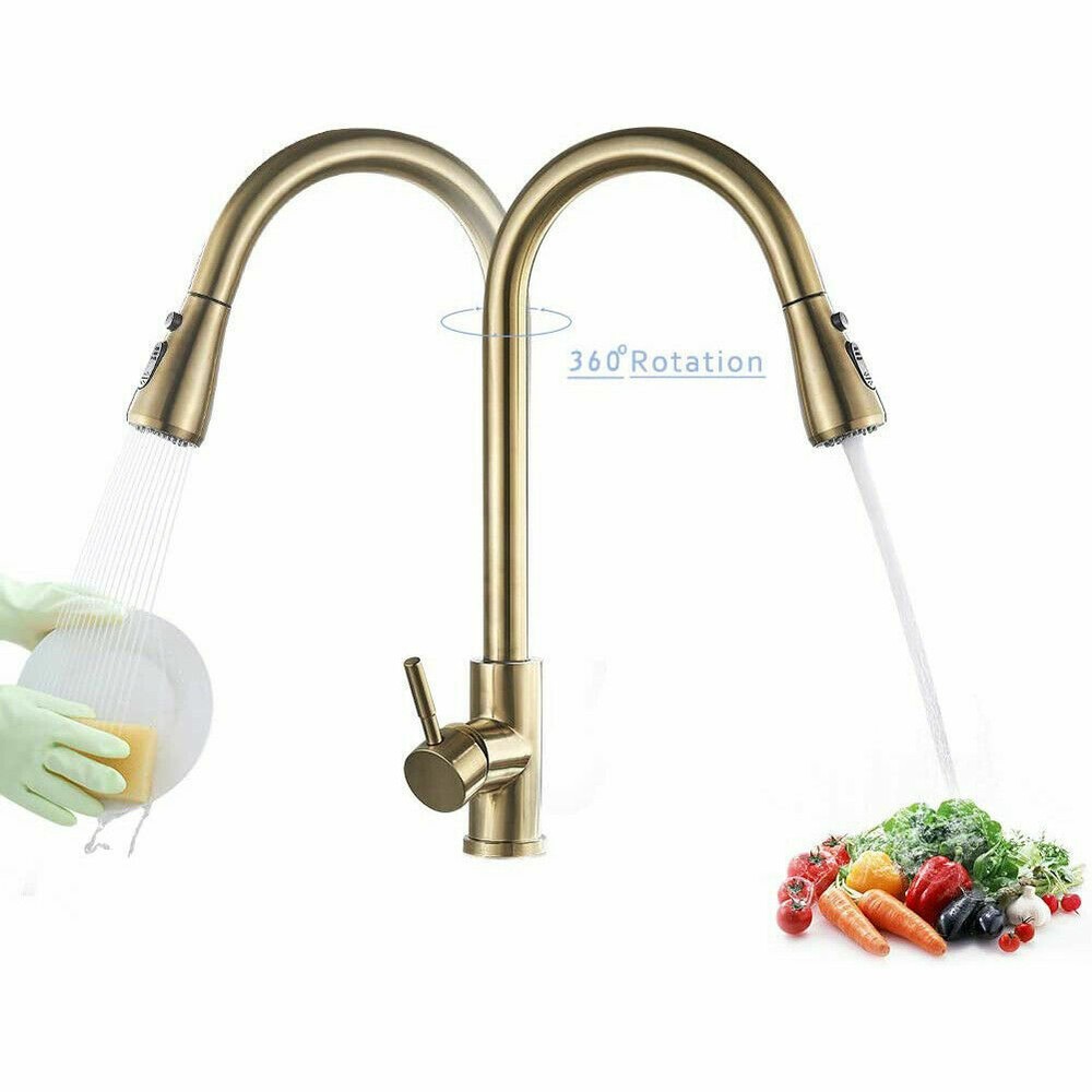 Brushed Gold Kitchen Sink Faucet Pull Down Sprayer Swivel Single Handle Mixer