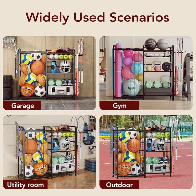 Sports Ball Storage Rack W/ Pull-Out Basket Multi-Function Hooks Organizer Black