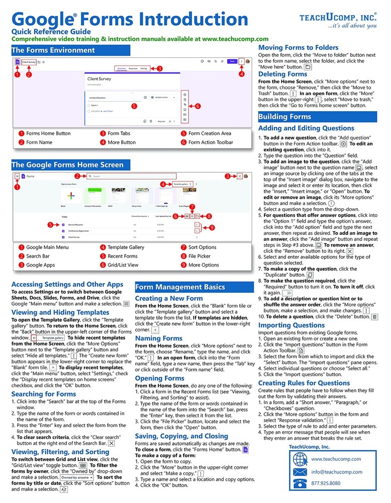 Google Forms Training Guide Quick Reference Card 2 Page Cheat Sheet Instructions