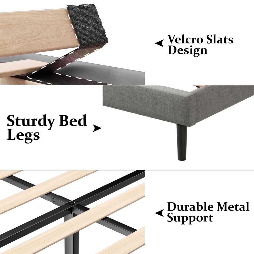Twin Bed Frames with Wingback Headboard, Upholstered Platform Beds, No Box Sp...