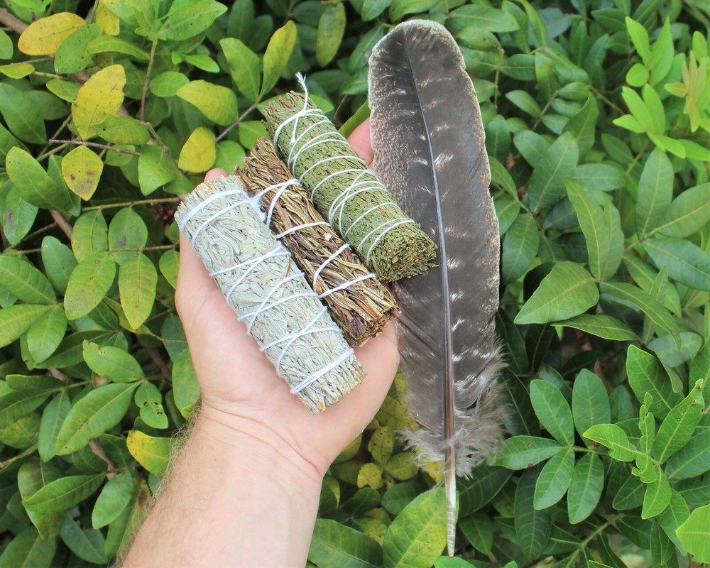 SAGE SMUDGE STICKS: BLUE, CEDAR & YERBA SAMPLER 3 PACK & SMUDGING FEATHER