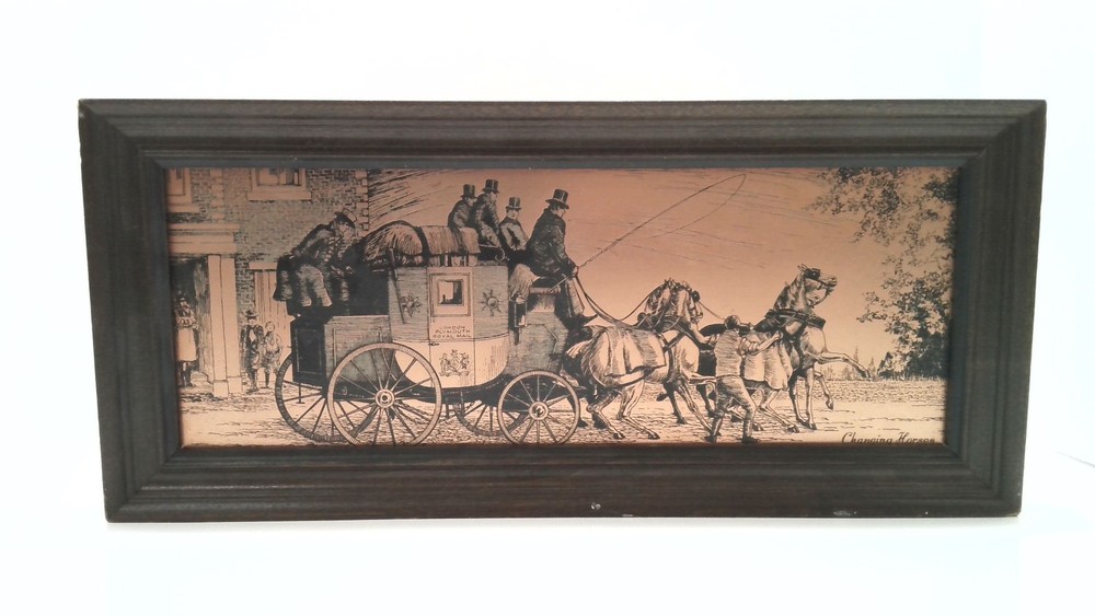 Vintage Etchmaster Original Copper Etching Framed Art Changing Horses Stagecoach