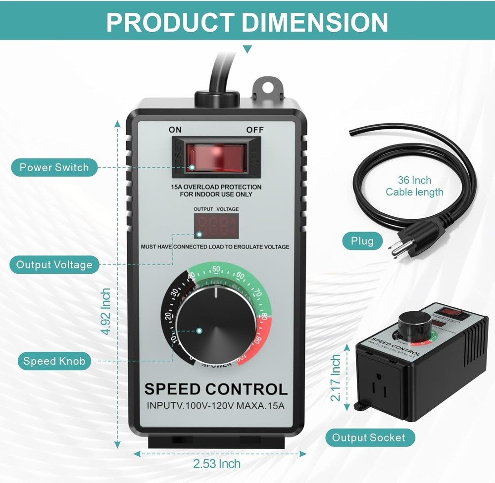 High-Capacity AC Motor Speed Controller 120V 15A 4000W - Universal Variable S...