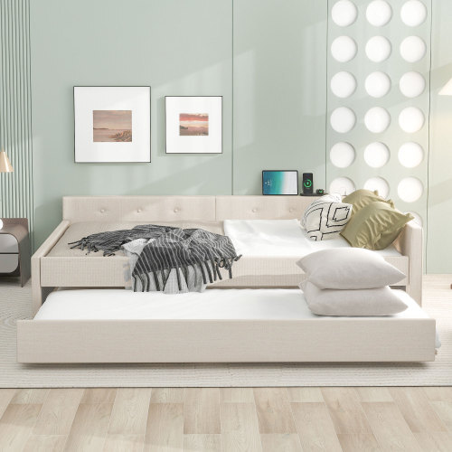Full Queen Upholstered Daybed with Trundle Day Bed Sofa Beds Platform Bed Frames