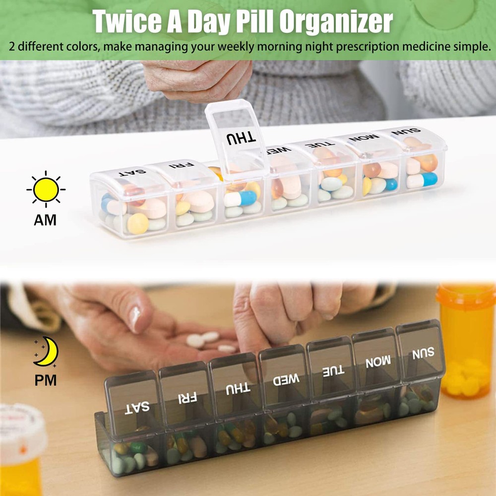 Pill Organizer 2 Pack, Pill Box 7 Day, Weekly Pill Case