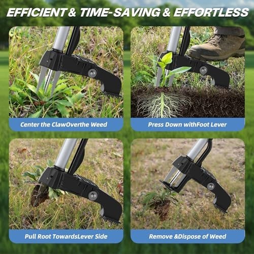 Heavy Duty Stand Up Weed Puller Tool - Long Handle Weeder with 4 Claws, Root Rem