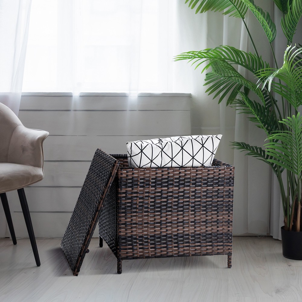 PE Wicker Side Table with Storage,Patio Rattan End Table Square Container