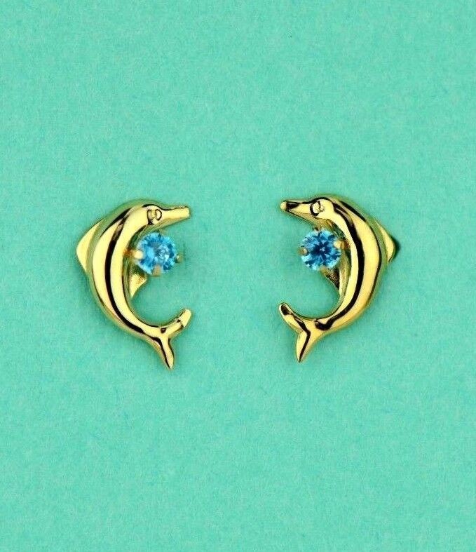 14k yellow gold dolphin earrings stud cz