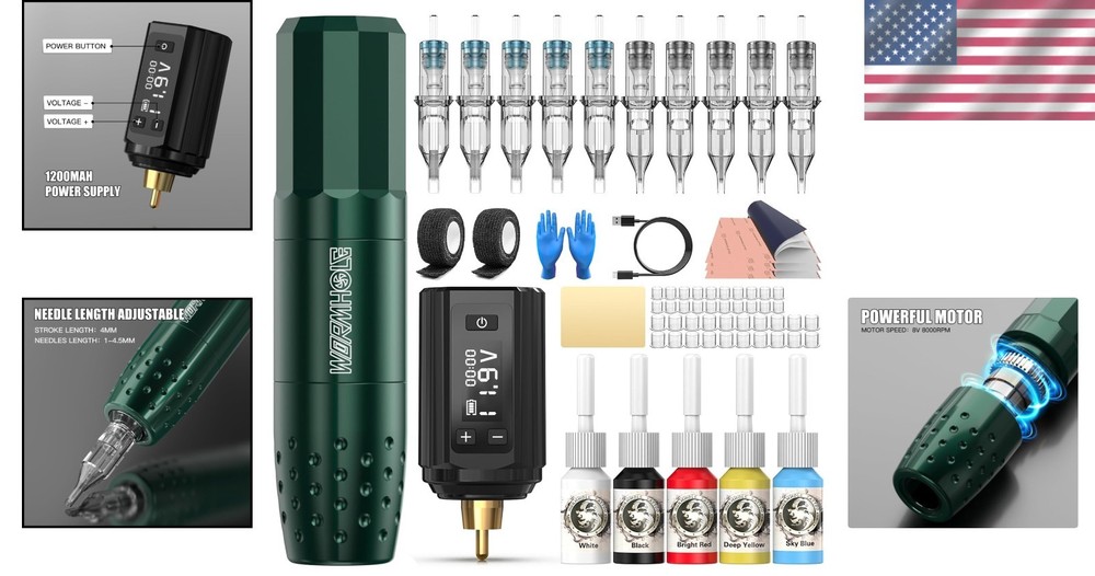 Versatile Wireless Tattoo Kit with 1200mAh Battery - Complete Tattooing Solution