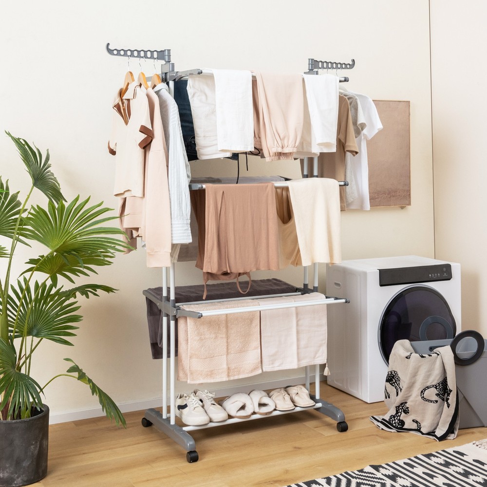 Folding 3-tier Clothes Drying Rack w/ Collapsible Shelves & Rotatable Side Wings
