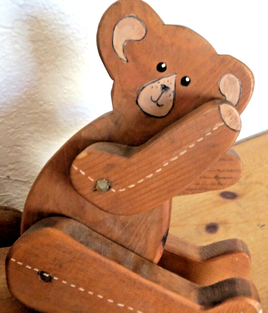Vintage Jointed Wooden Bear Pull Toy ~ Wheels turn & pull string ~ Base Swivels