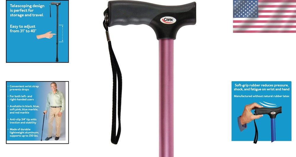 Pink Soft Grip Walking Cane - Adjustable Height, Wrist Strap