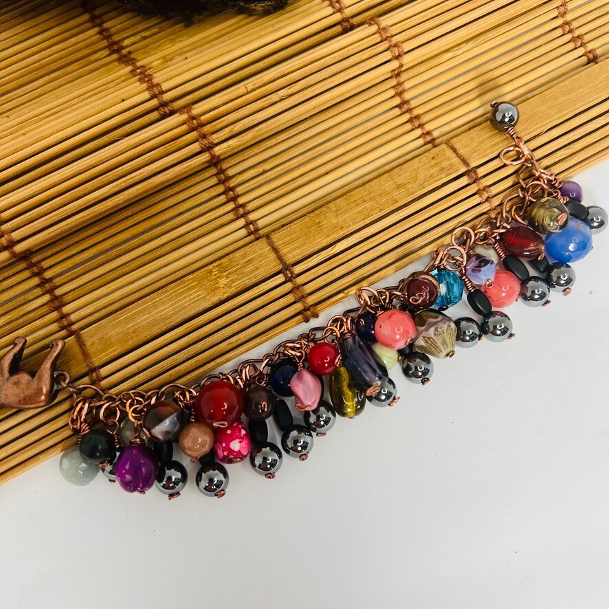 Gemstone Bead Copper Tone Elephant Closure Dangle Bracelet Boho MultiColor