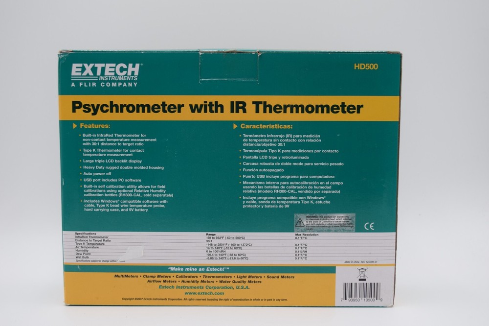 Extech HD500 Psychrometer - Style (Psychrometer): Hand Held, IR thermometer